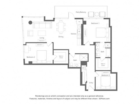 Floor plan for 2 beds, 2 baths, 1559 sqft